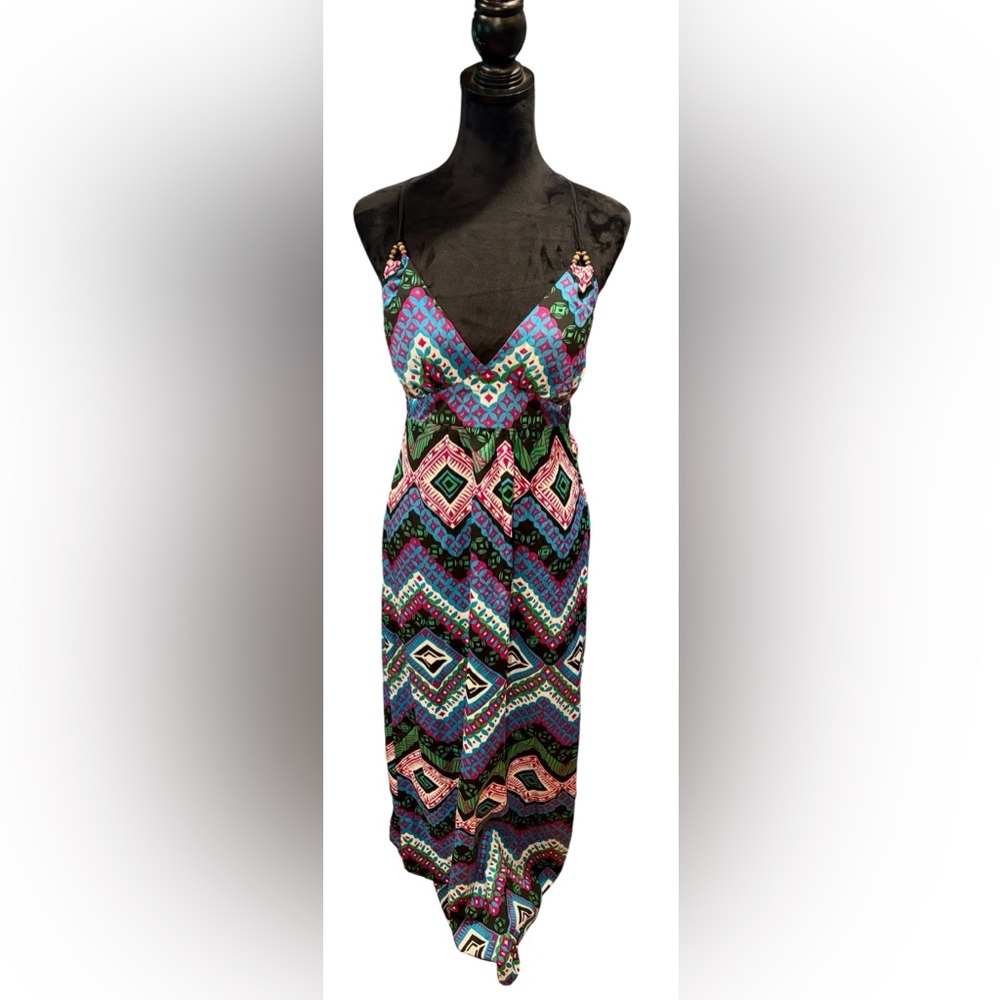 ⚜️Boho Wood Beaded Vibrant Color Empire Waist Maxi Dress Satiny-Silky Festival⚜️